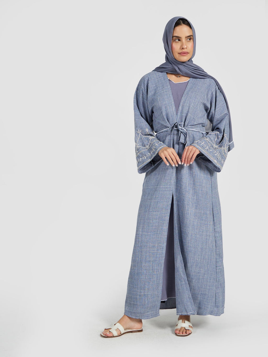 Blue Textured Summer Abaya with Intricate White Sleeve Embroidery