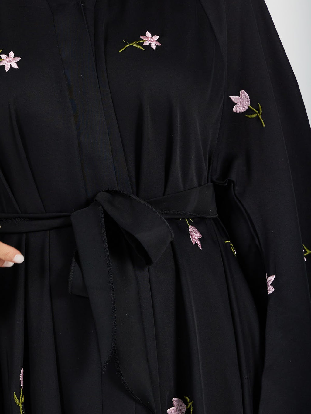 Women's Floral Embroidered Black Abaya - Modest Belted Kimono Style