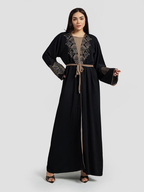 Black & Bronze Metallic Embroidered Abaya - Modest Evening Kaftan