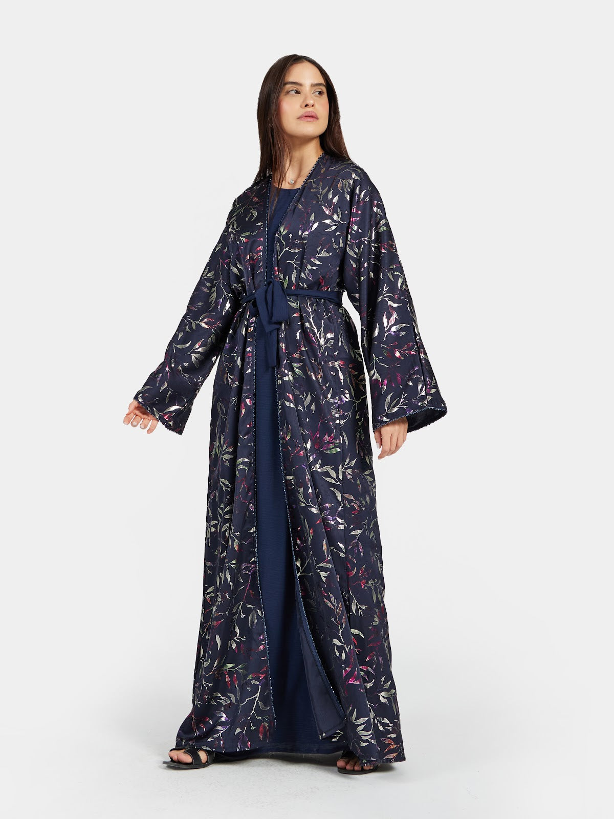 Navy Blue Metallic Leaf Print Open Abaya - Shimmering Modest Outerwear