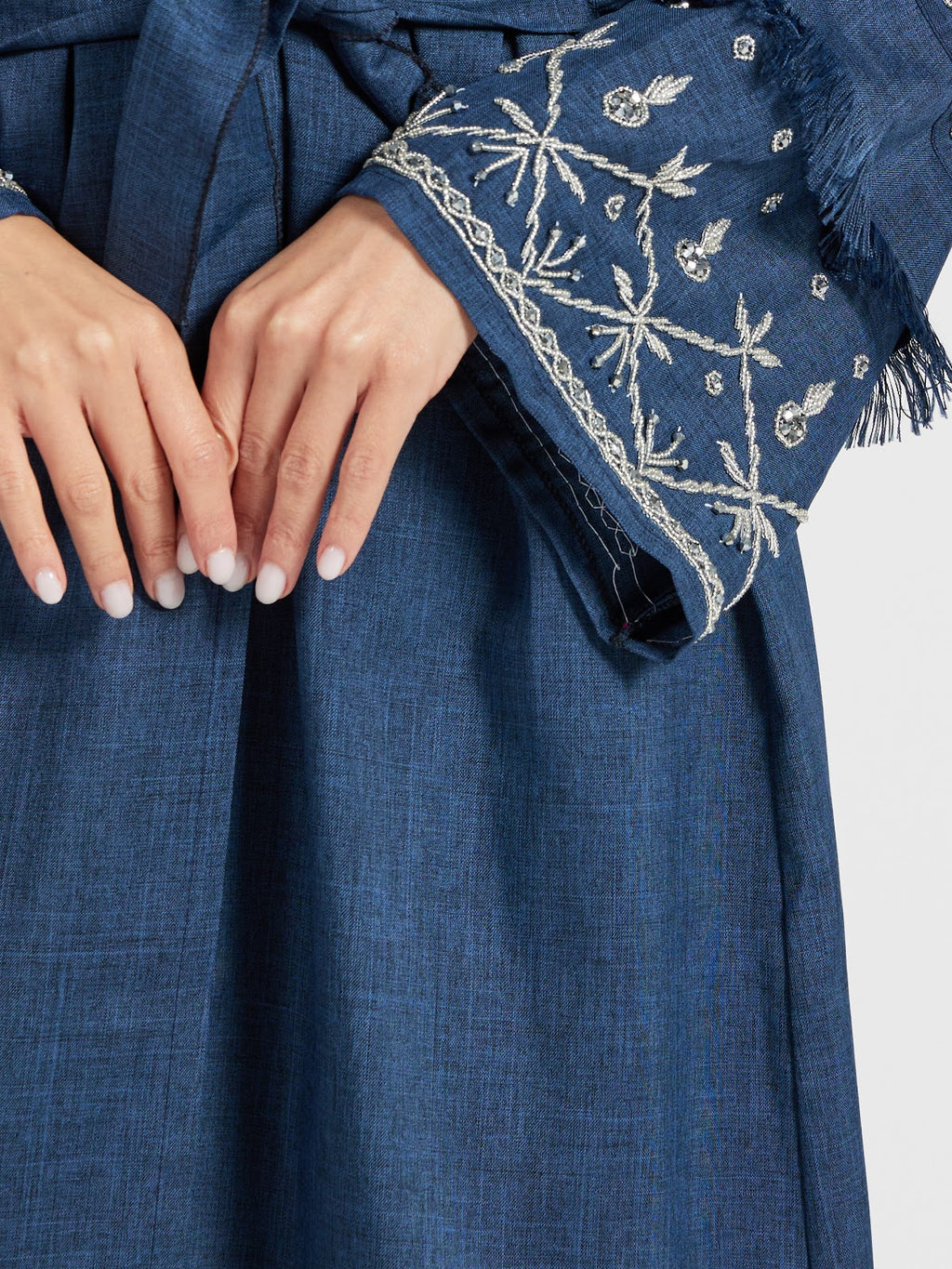 Denim Blue Linen Abaya for Women - Floral Sleeve Modest Kimono
