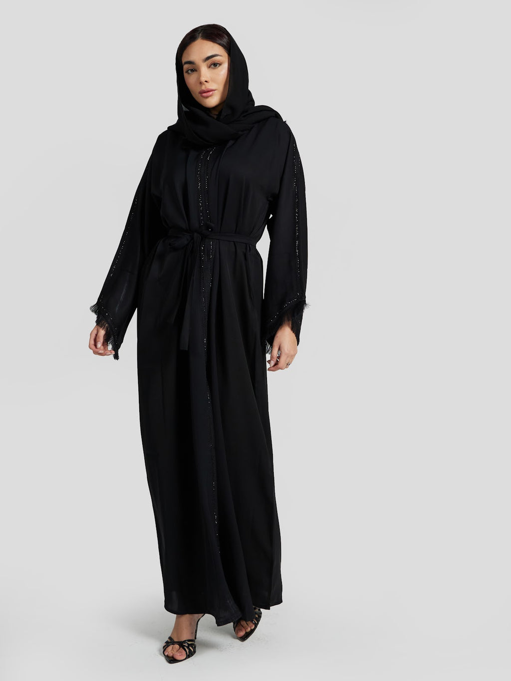 Black Fringed Sleeve Abaya with Shimmering Vertical Detail