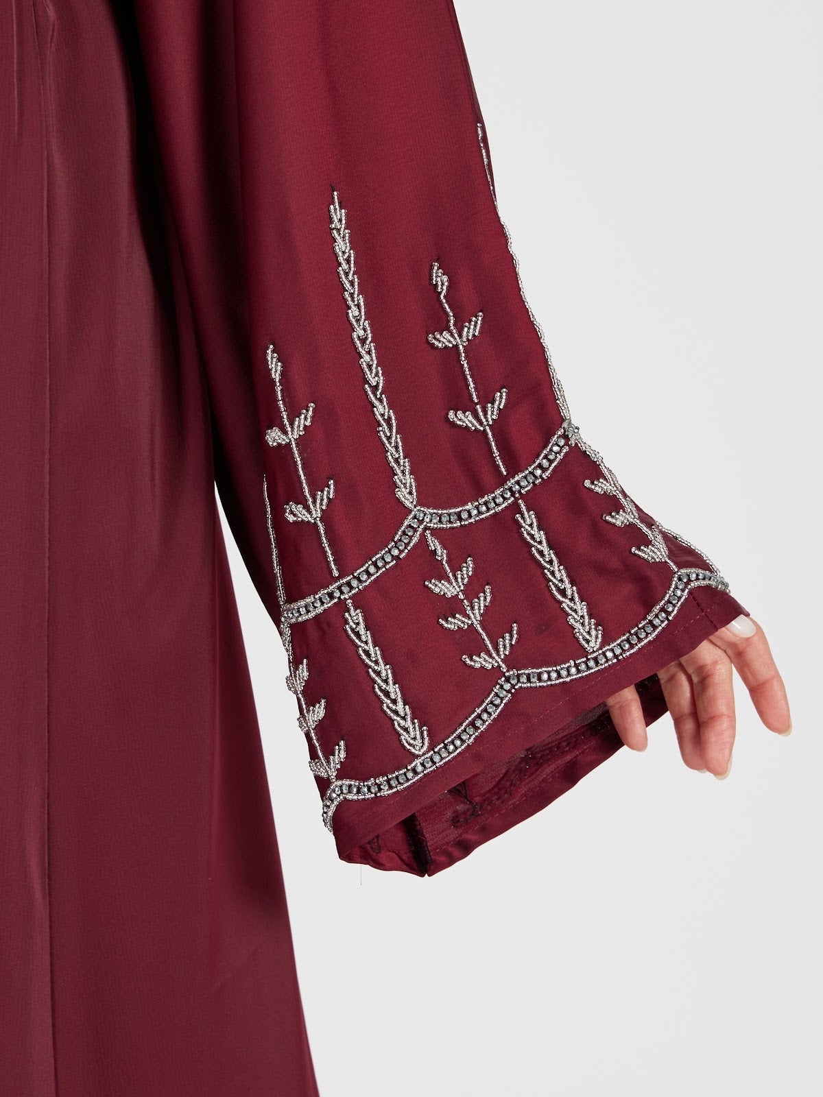 Elegant Maroon Open Abaya with White Contrast Belt & Embroidery