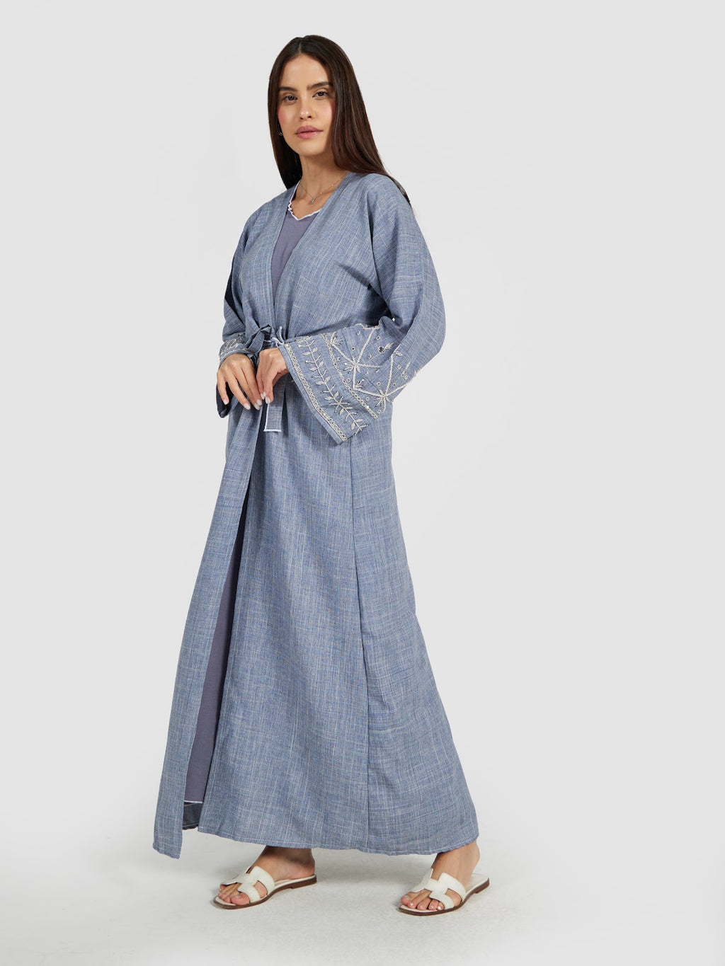 Blue Textured Summer Abaya with Intricate White Sleeve Embroidery