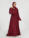 Maroon Flared Abaya with Delicate Floral Leaf Embroidery