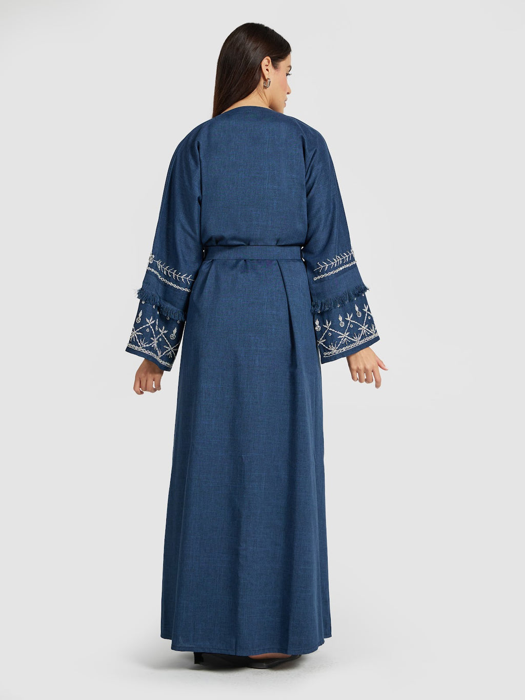 Denim Blue Linen Abaya for Women - Floral Sleeve Modest Kimono