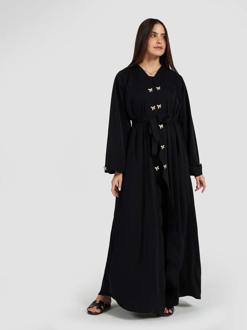Black Scalloped Edge Abaya with Gold Bow Details
