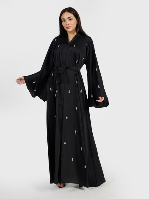 Bell Sleeve Embroidered Abaya with Matching Waist Belt