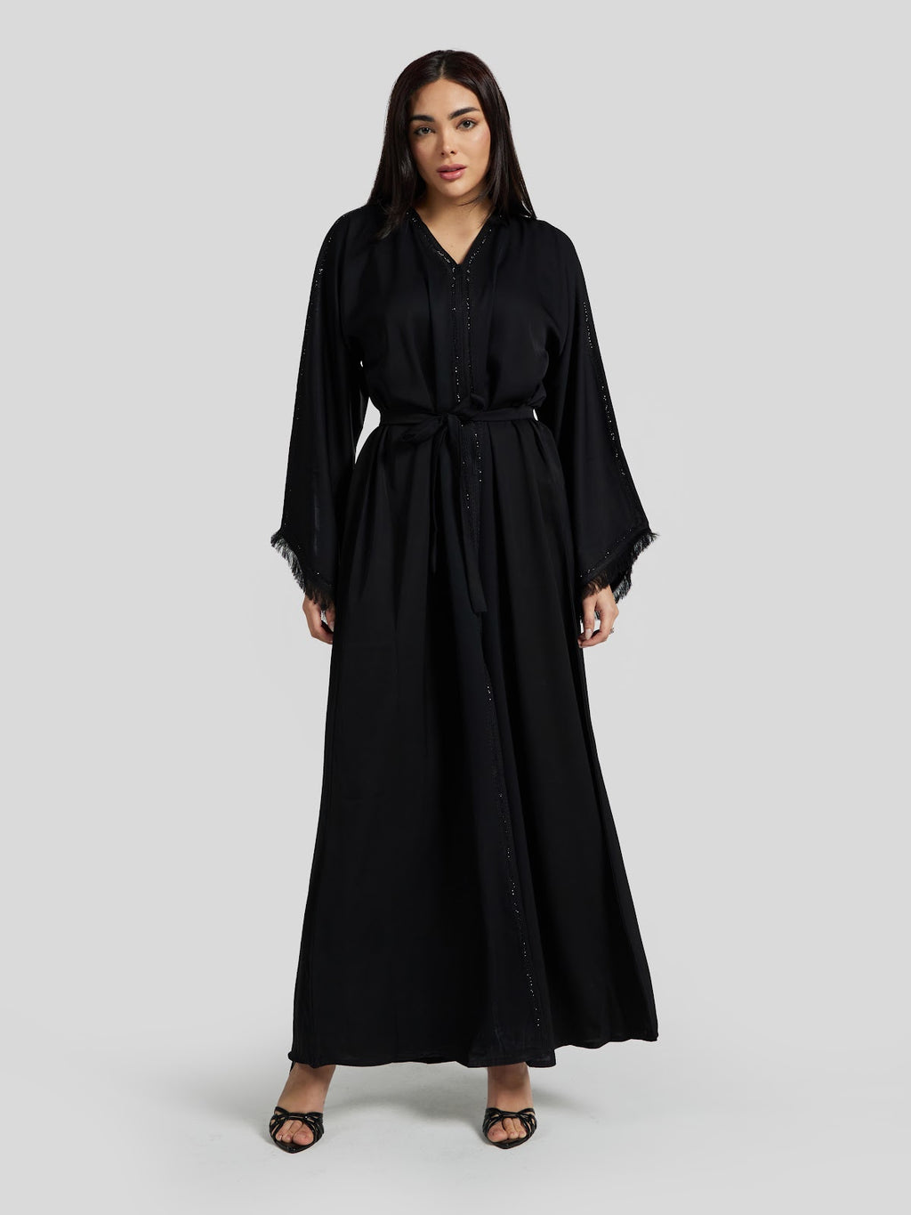 Black Fringed Sleeve Abaya with Shimmering Vertical Detail