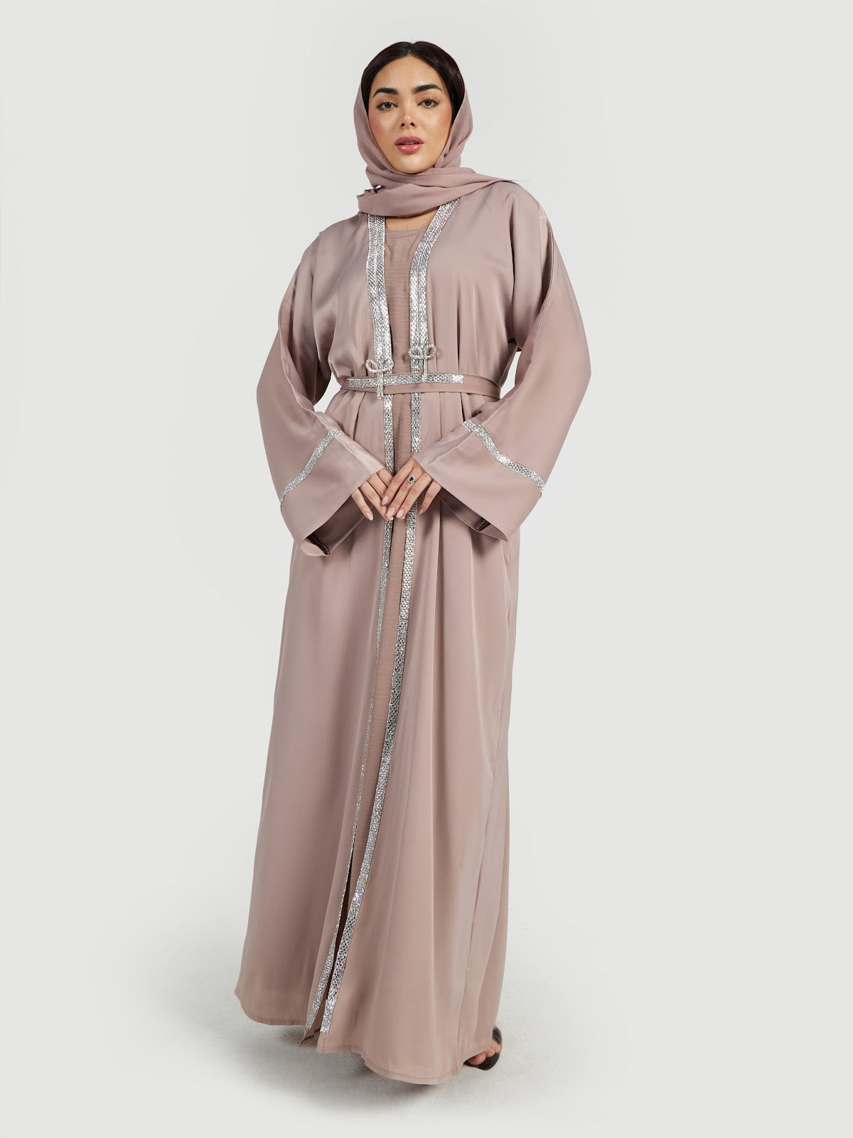 Taupe Crystal-Trimmed Formal Abaya Set