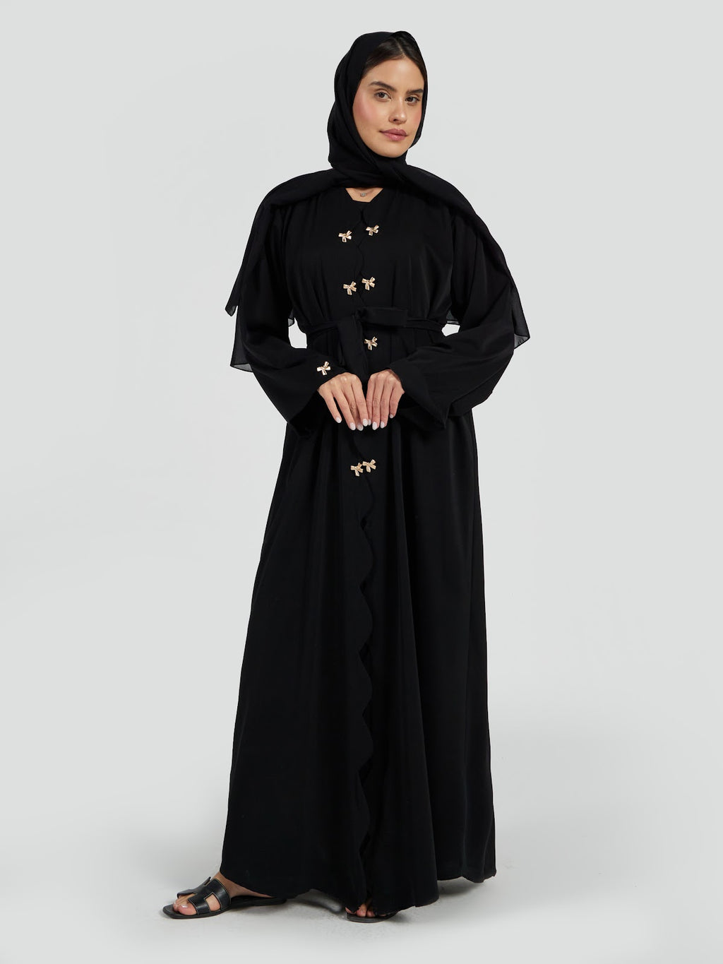 Black Scalloped Edge Abaya with Gold Bow Details