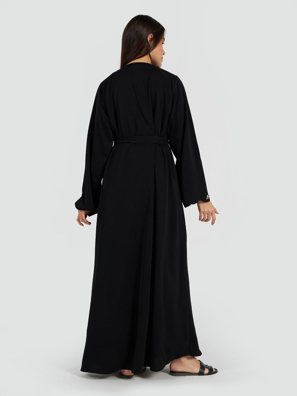 Black Scalloped Edge Abaya with Gold Bow Details