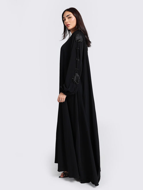Black Balloon Sleeve Beaded Abaya - Modern Minimalist Modest Wear