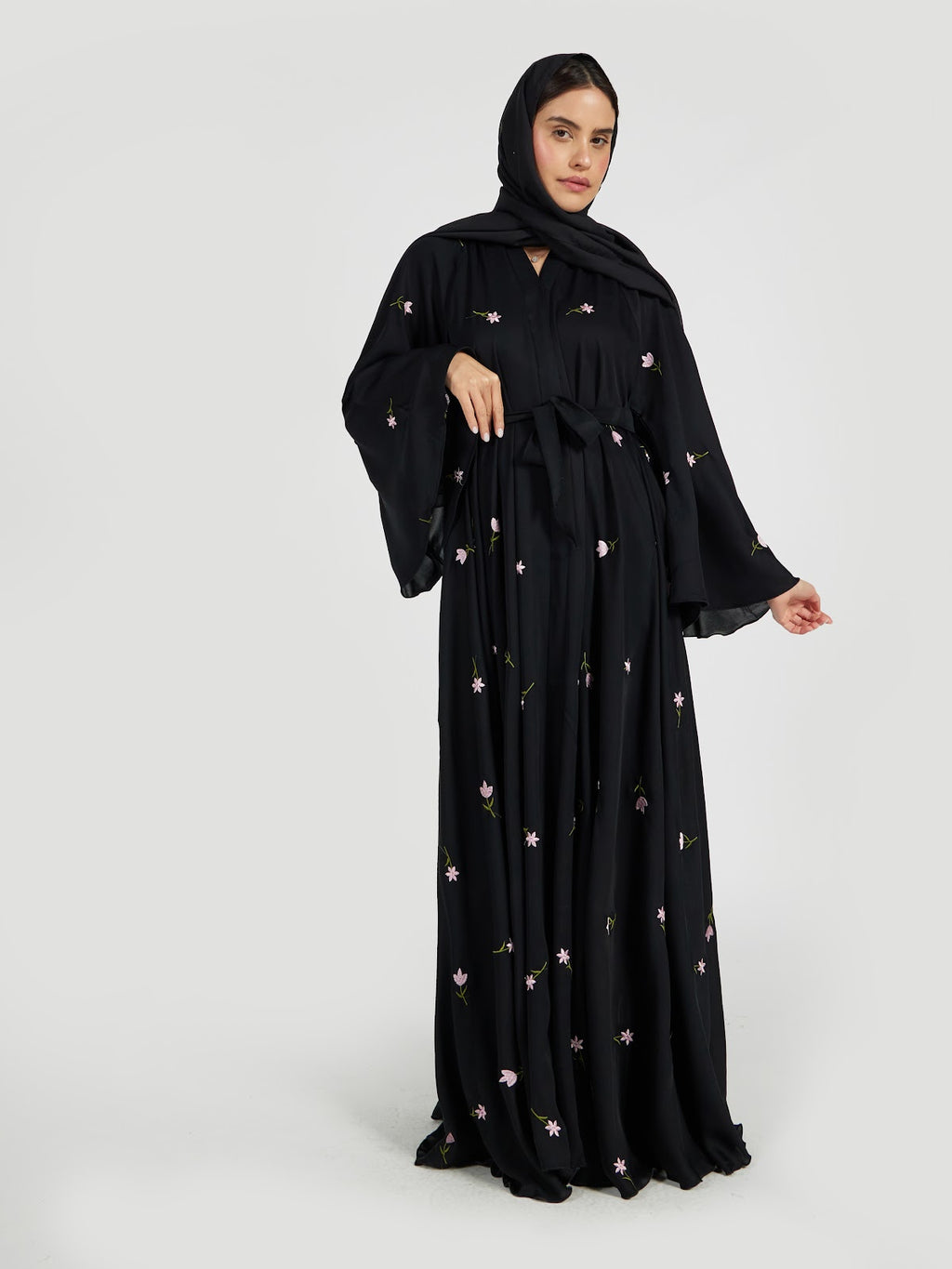 Women's Floral Embroidered Black Abaya - Modest Belted Kimono Style