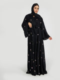 Women's Floral Embroidered Black Abaya - Modest Belted Kimono Style