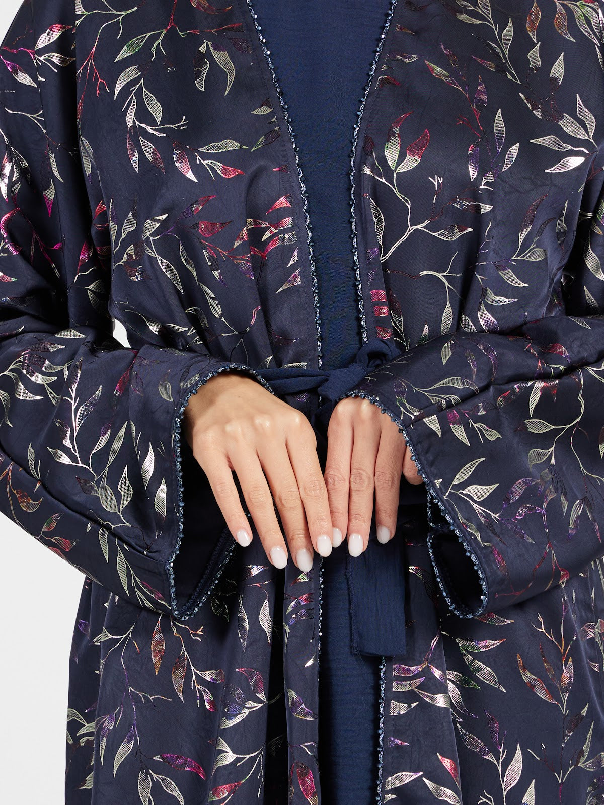 Navy Blue Metallic Leaf Print Open Abaya - Shimmering Modest Outerwear