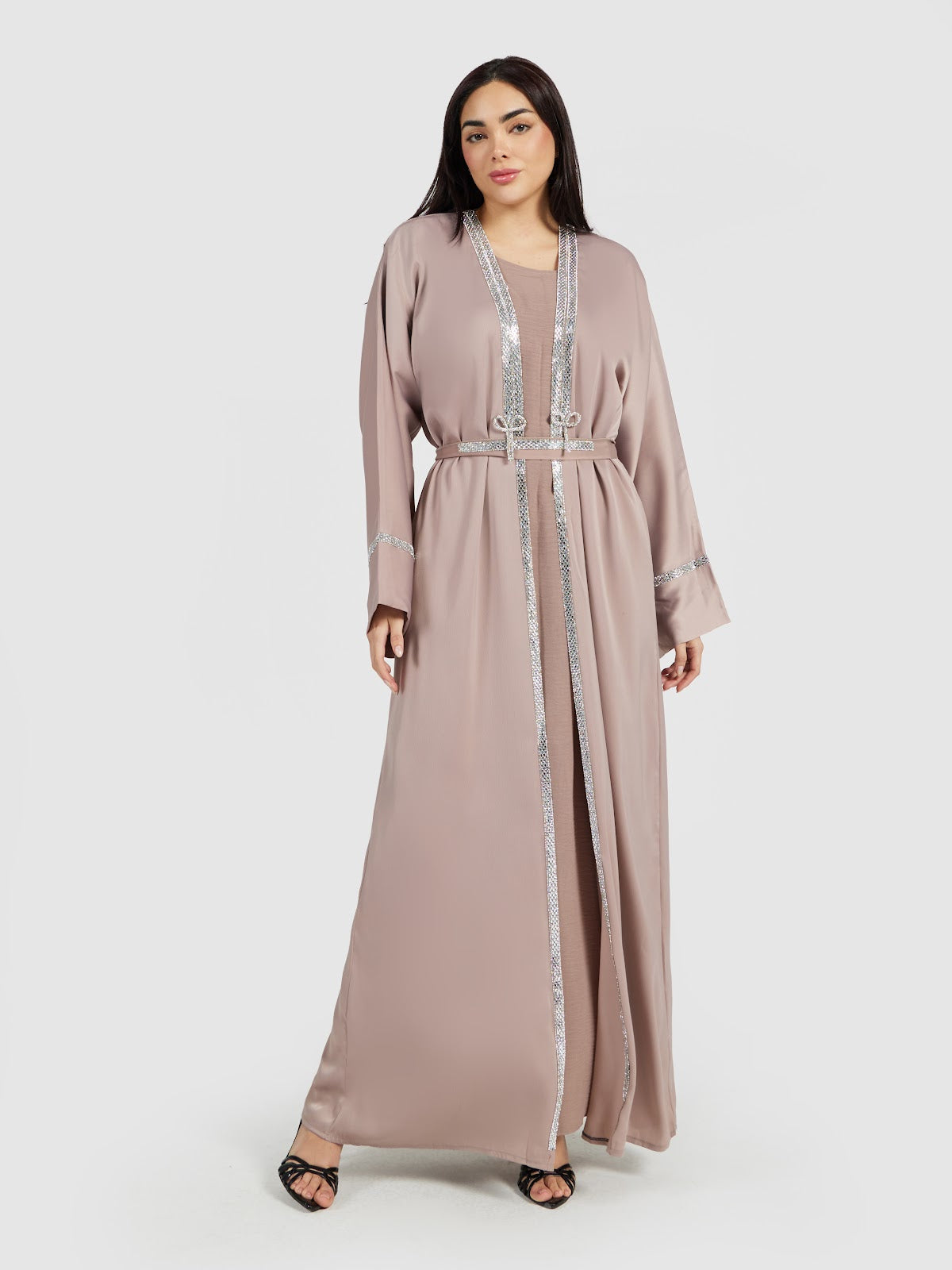 Taupe Crystal-Trimmed Formal Abaya Set