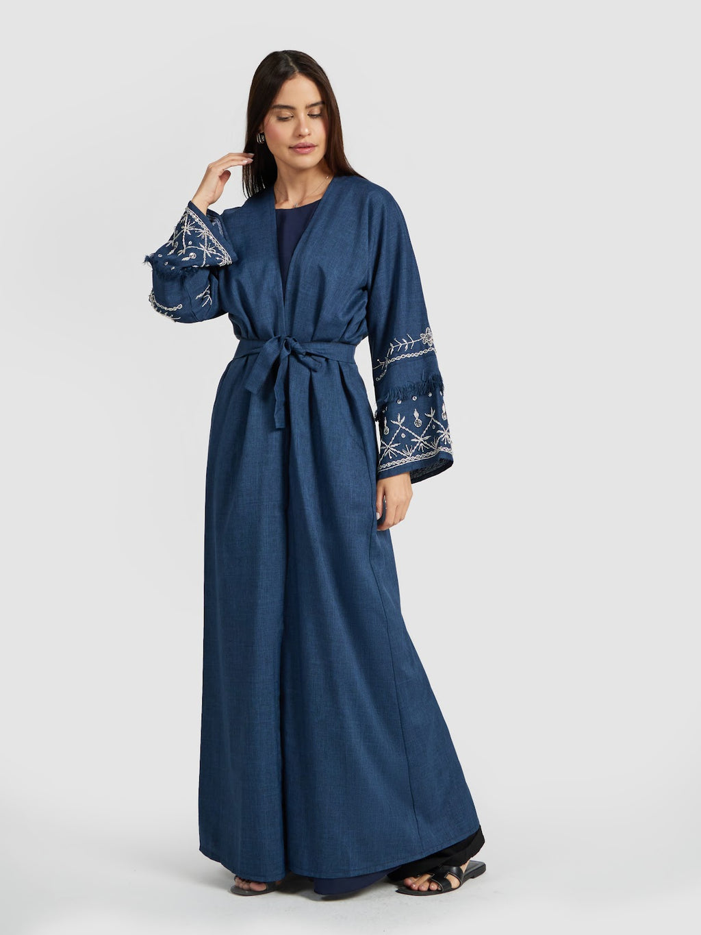 Denim Blue Linen Abaya for Women - Floral Sleeve Modest Kimono