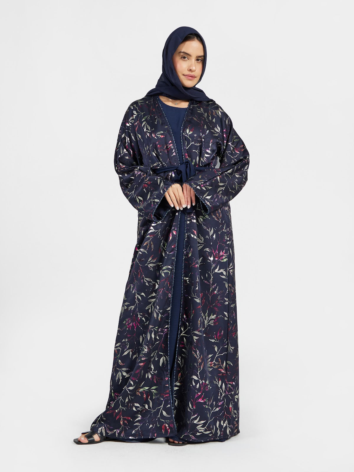 Navy Blue Metallic Leaf Print Open Abaya - Shimmering Modest Outerwear