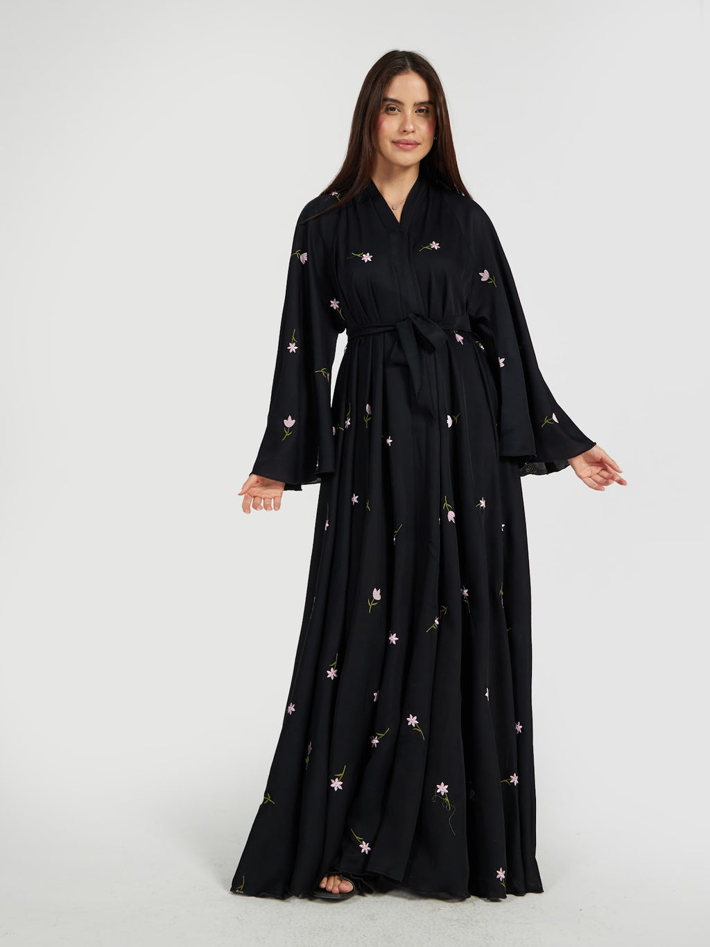 Women's Floral Embroidered Black Abaya - Modest Belted Kimono Style