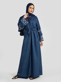 Denim Blue Linen Abaya for Women - Floral Sleeve Modest Kimono