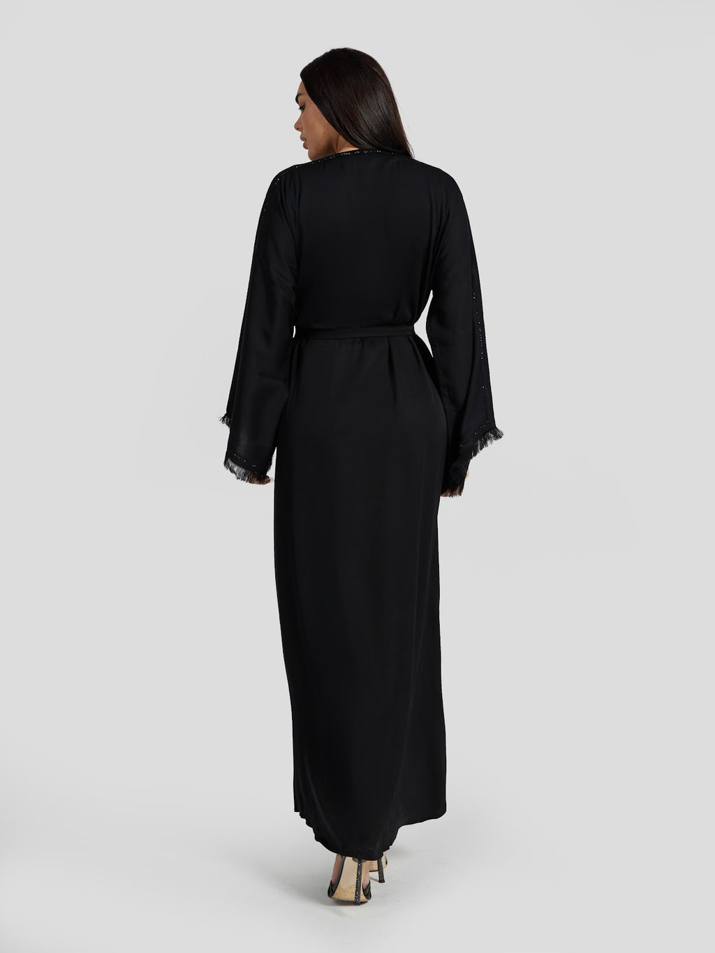 Black Fringed Sleeve Abaya with Shimmering Vertical Detail