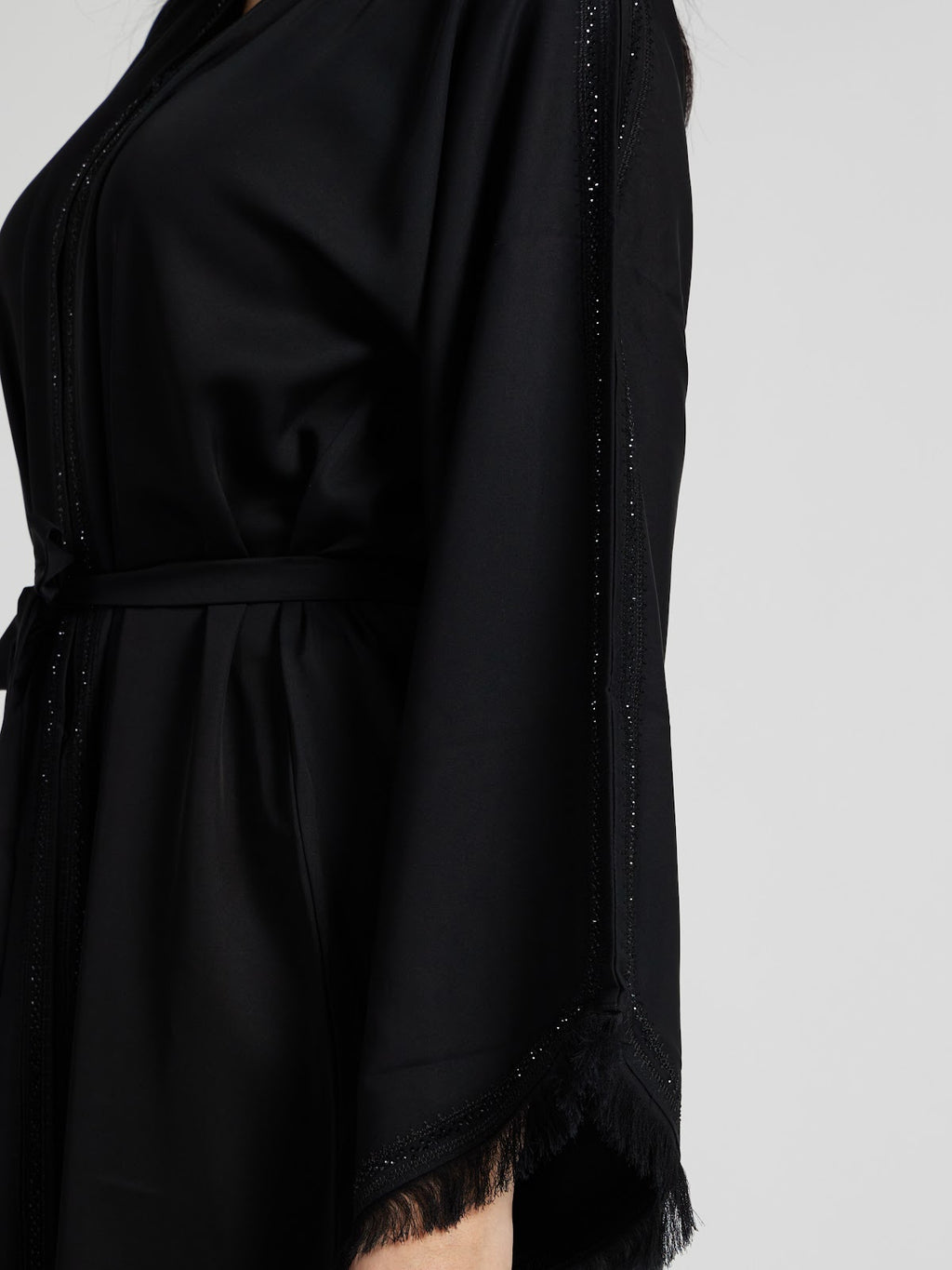 Black Fringed Sleeve Abaya with Shimmering Vertical Detail