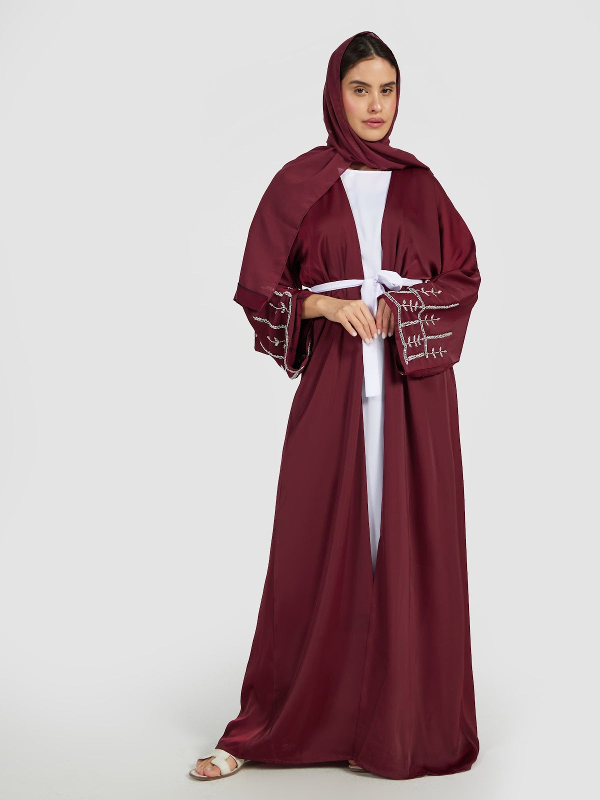 Elegant Maroon Open Abaya with White Contrast Belt & Embroidery