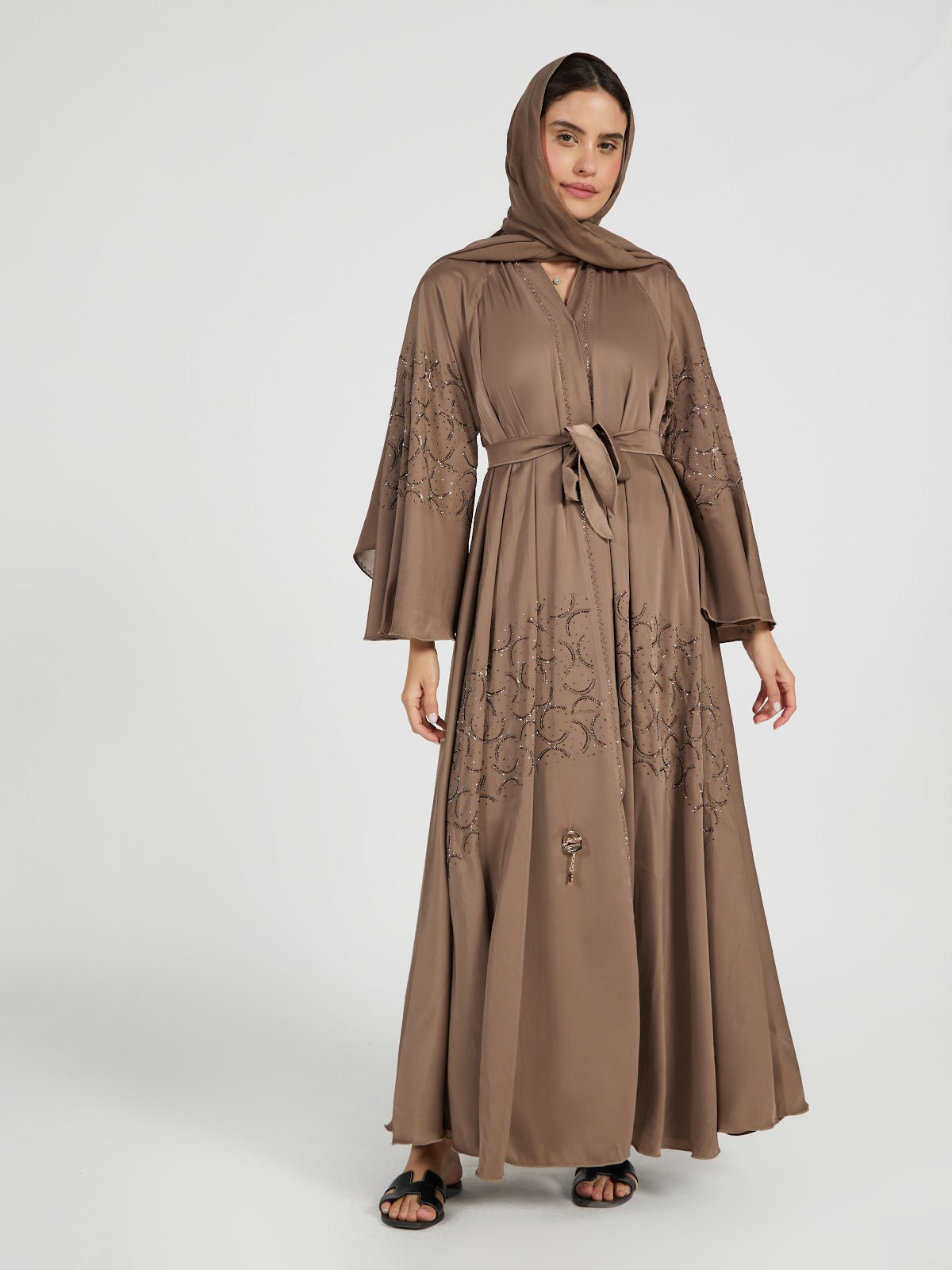 Taupe Mocha Embellished Abaya with Intricate Sequin Swirls