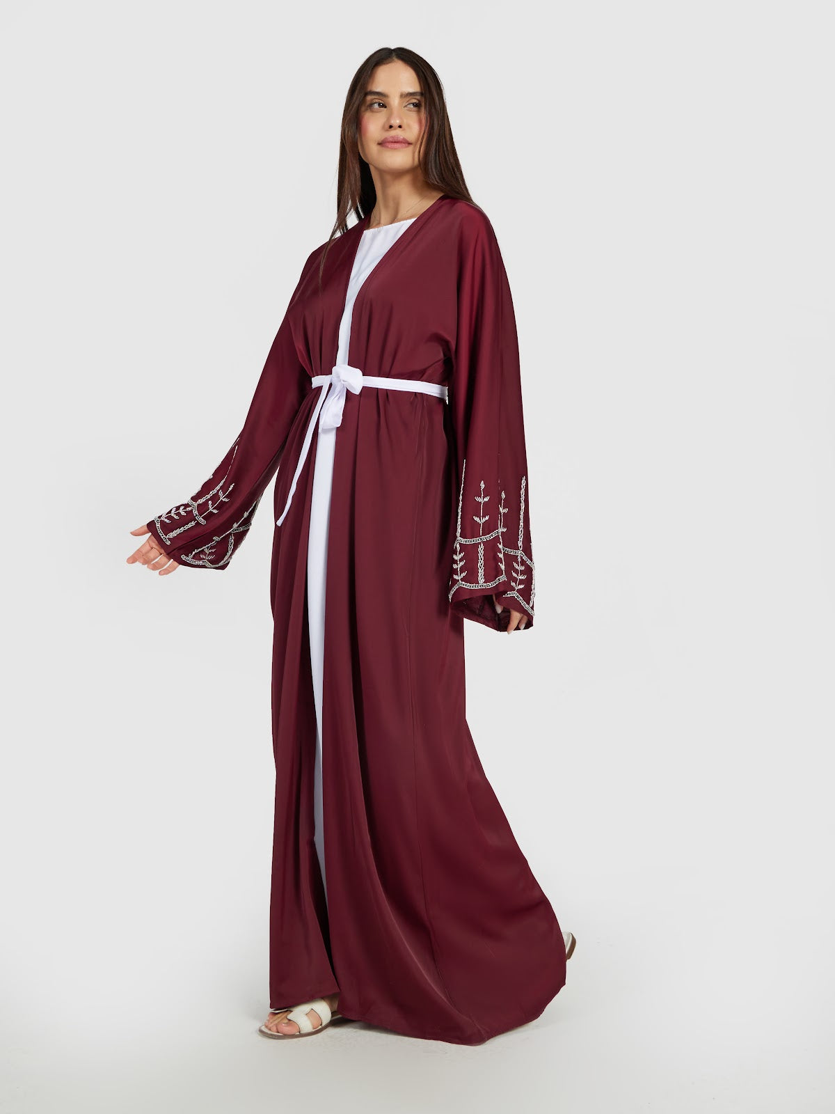 Elegant Maroon Open Abaya with White Contrast Belt & Embroidery
