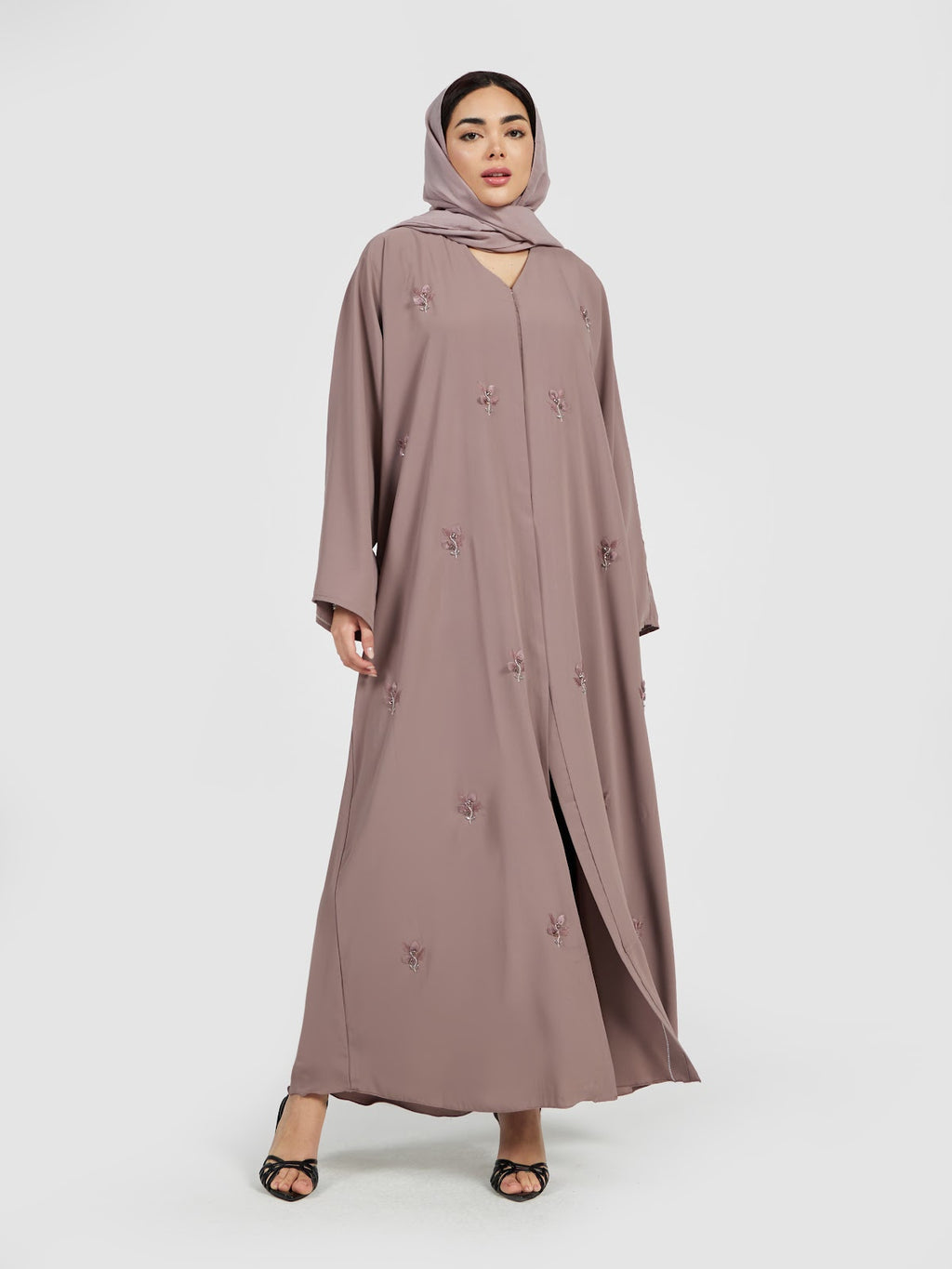 Women's Dusty Rose 3D Floral Applique Abaya - Modest Fashion