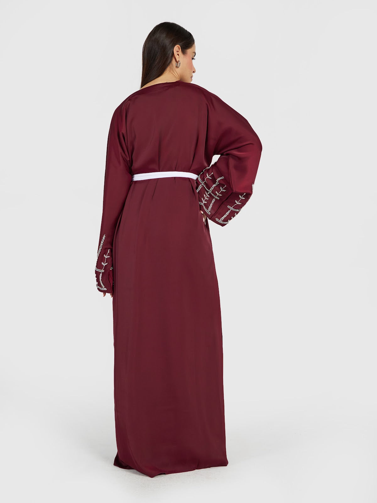 Elegant Maroon Open Abaya with White Contrast Belt & Embroidery