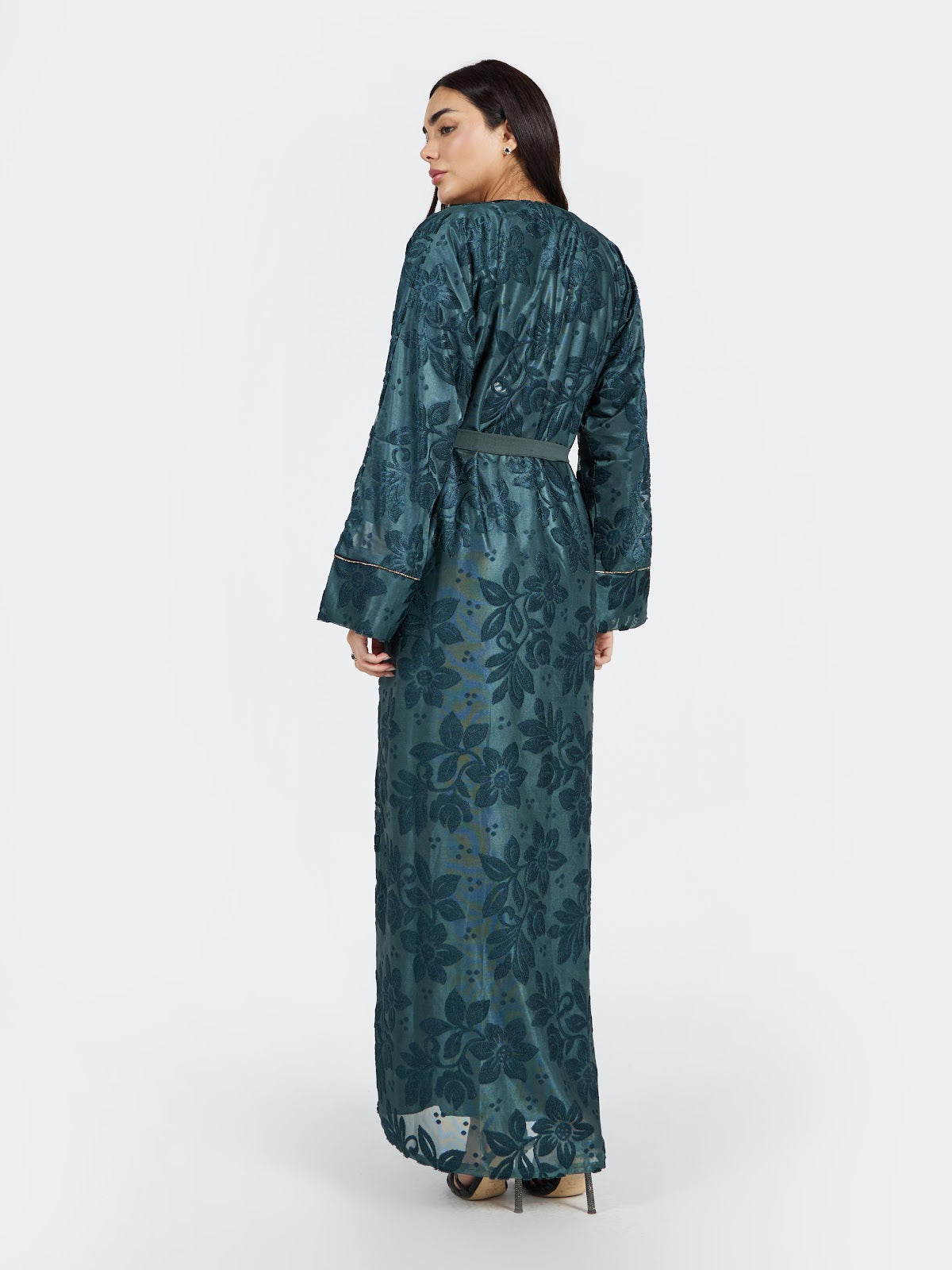 Forest Green Textured Floral Lace Abaya Set