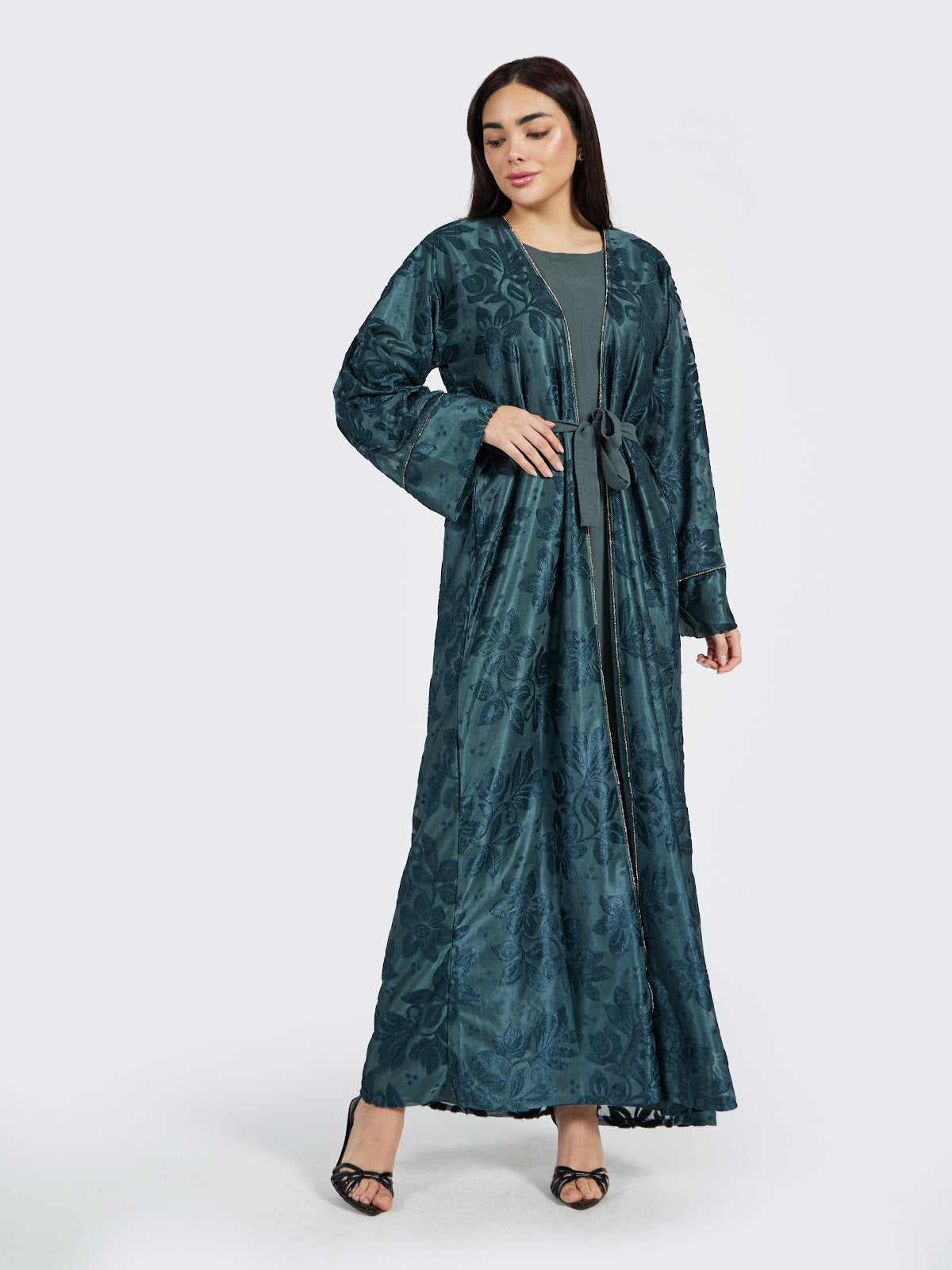 Forest Green Textured Floral Lace Abaya Set