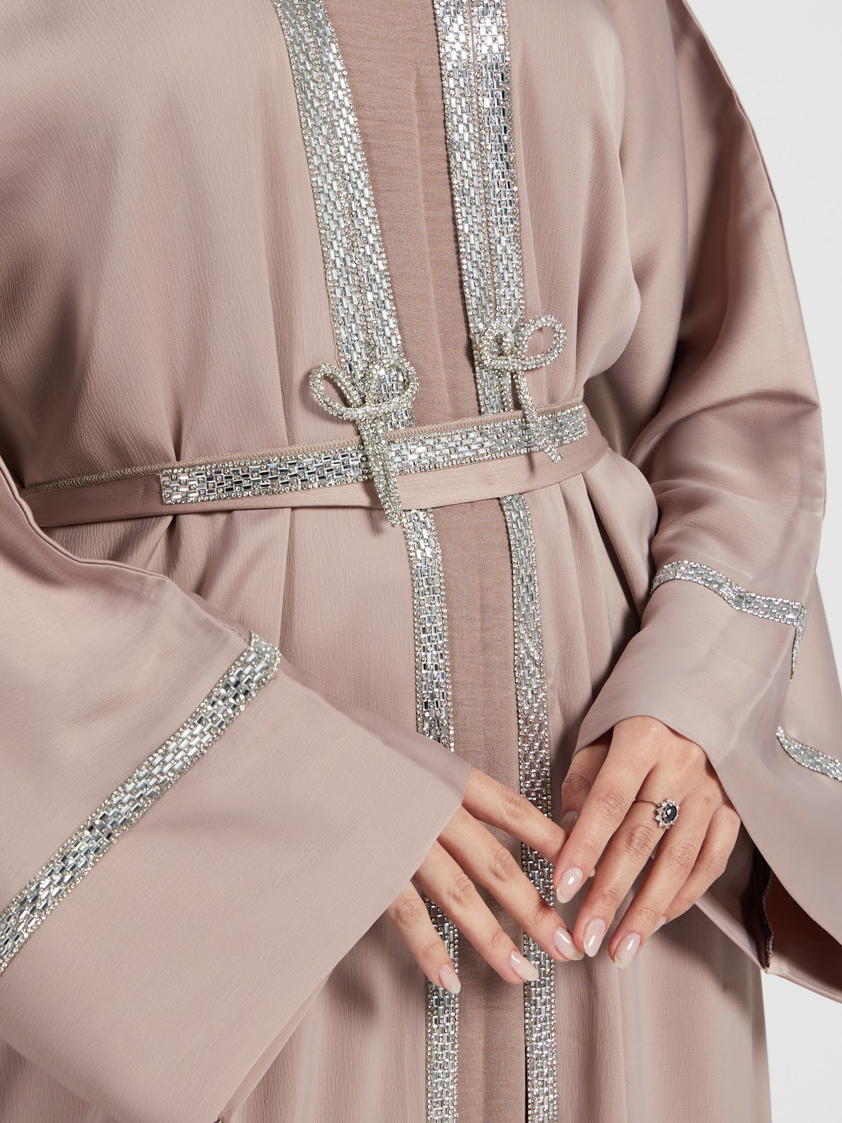 Taupe Crystal-Trimmed Formal Abaya Set