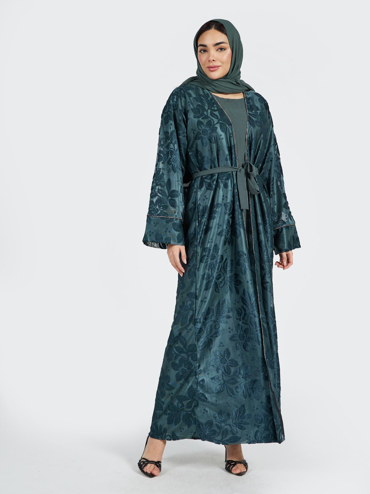 Forest Green Textured Floral Lace Abaya Set