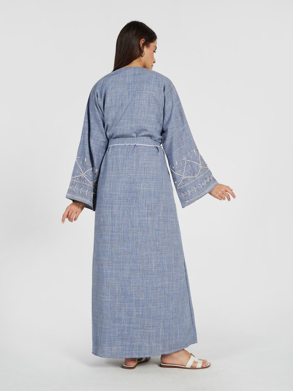 Blue Textured Summer Abaya with Intricate White Sleeve Embroidery