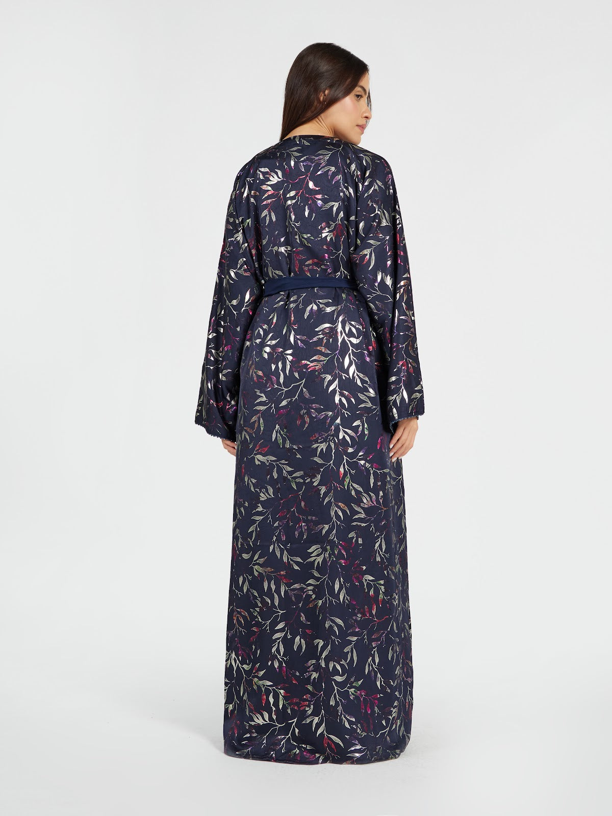 Navy Blue Metallic Leaf Print Open Abaya - Shimmering Modest Outerwear